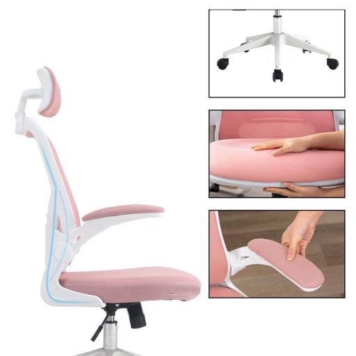 Ergonomická kancelárska stolička s bedrovou opierkou, opierkou hlavy, ružová